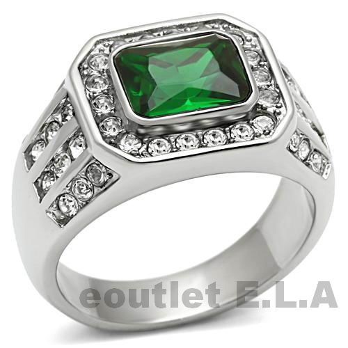 2.84CT CRT EMERALD N CZ STAINLESS STEEL RING-sz 9/11